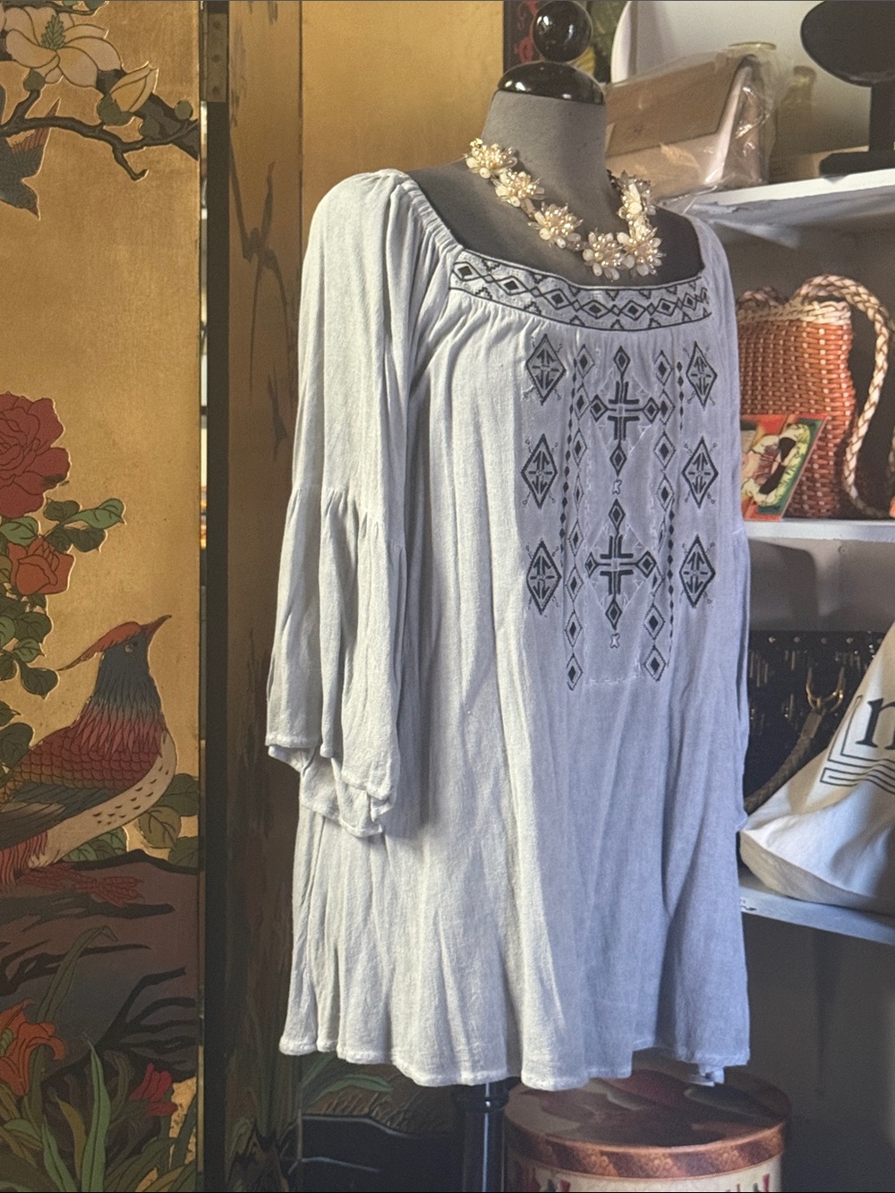 POL Light Gray Embroidered Peasant Tunic